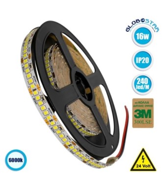 GLOBOSTAR® LUXA 70240 Ταινία LED 16W-m 2080lm-m 120° DC 24V IP20 240 x SMD2835 Chip-m Ψυχρό Λευκό 6000K Dimmable - Sanan SMD Chip - Μ500 x Π1 x Υ0.2cm - Ρολό 5 Μέτρων - 5 Χρόνια Εγγύηση